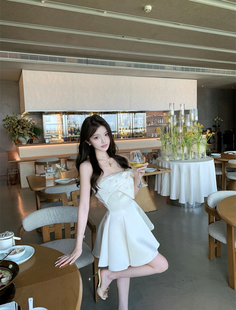 Bow temperament flat shoulder France style sling dress