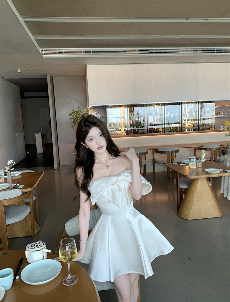 Bow temperament flat shoulder France style sling dress