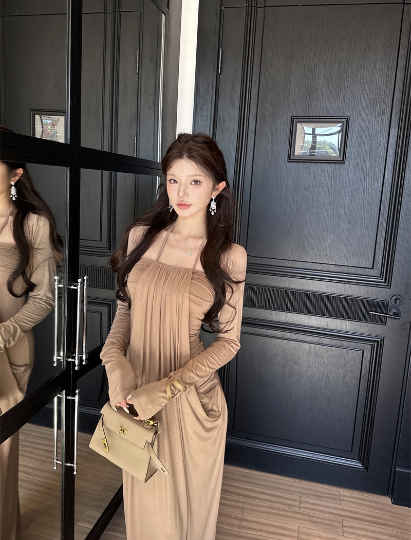 Pinched waist halter dress Korean style slim tops a set