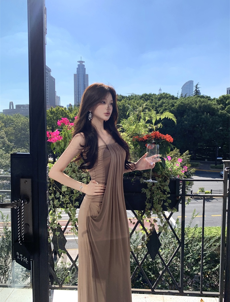 Pinched waist halter dress Korean style slim tops a set