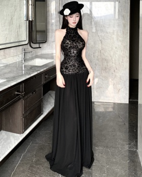 Halter sleeveless sequins dress autumn black formal dress