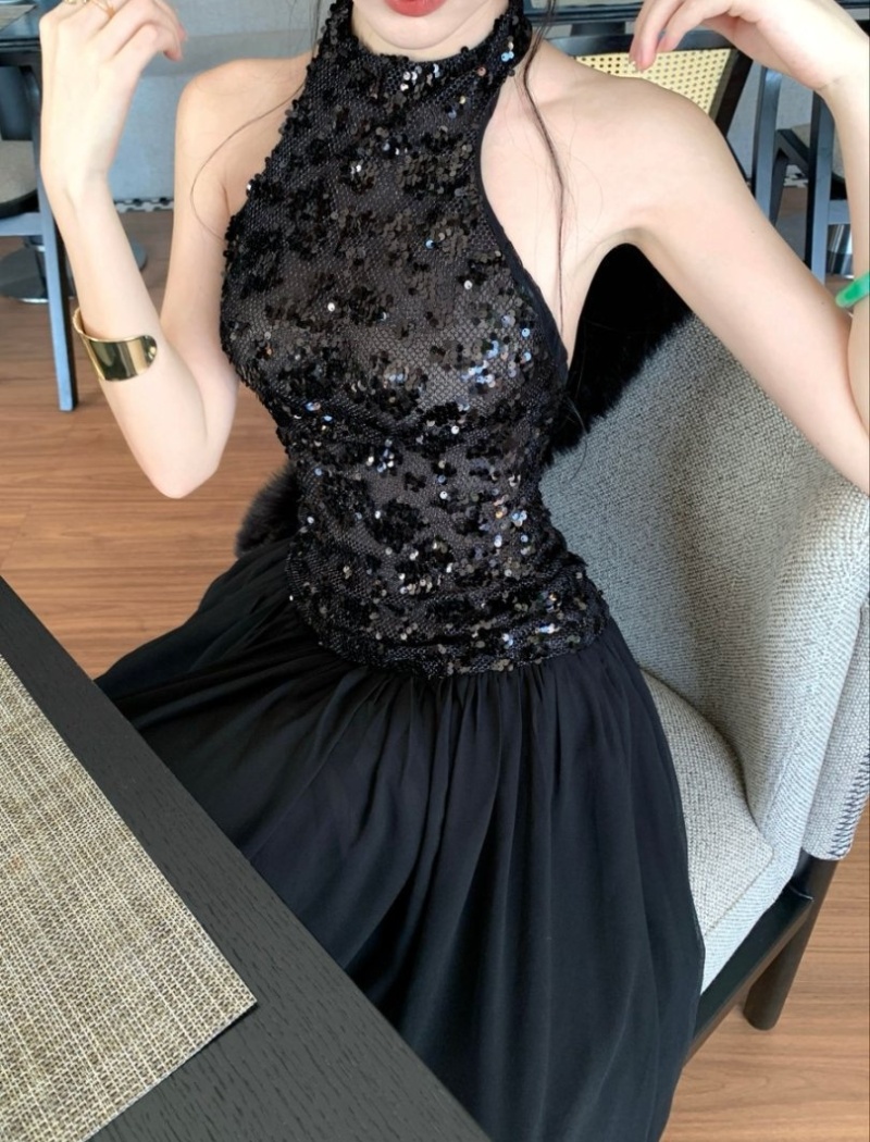 Halter sleeveless sequins dress autumn black formal dress