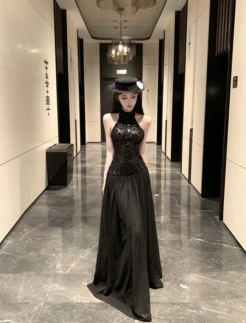 Halter sleeveless sequins dress autumn black formal dress