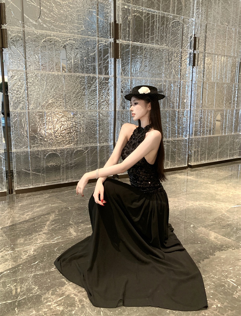 Halter sleeveless sequins dress autumn black formal dress
