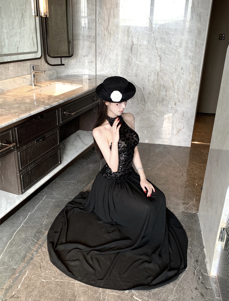 Halter sleeveless sequins dress autumn black formal dress