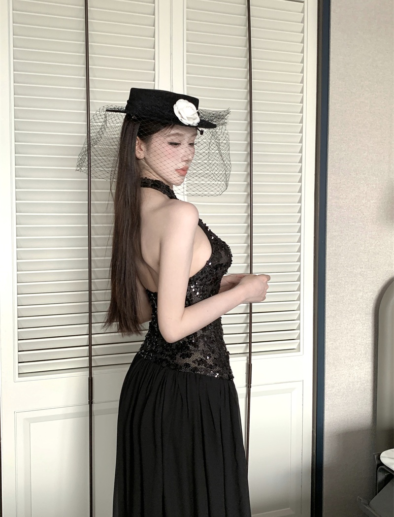 Halter sleeveless sequins dress autumn black formal dress