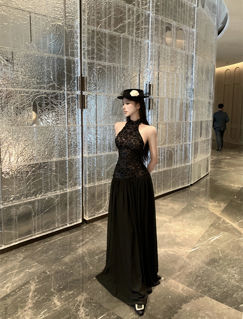 Halter sleeveless sequins dress autumn black formal dress