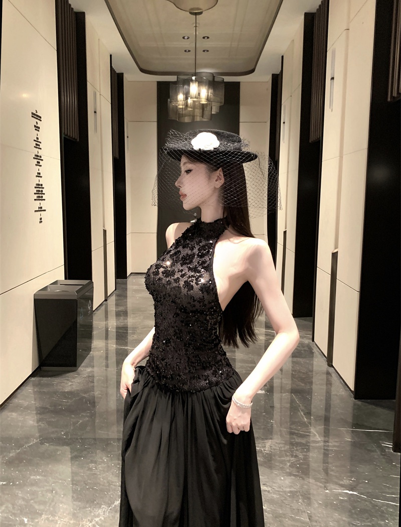Halter sleeveless sequins dress autumn black formal dress