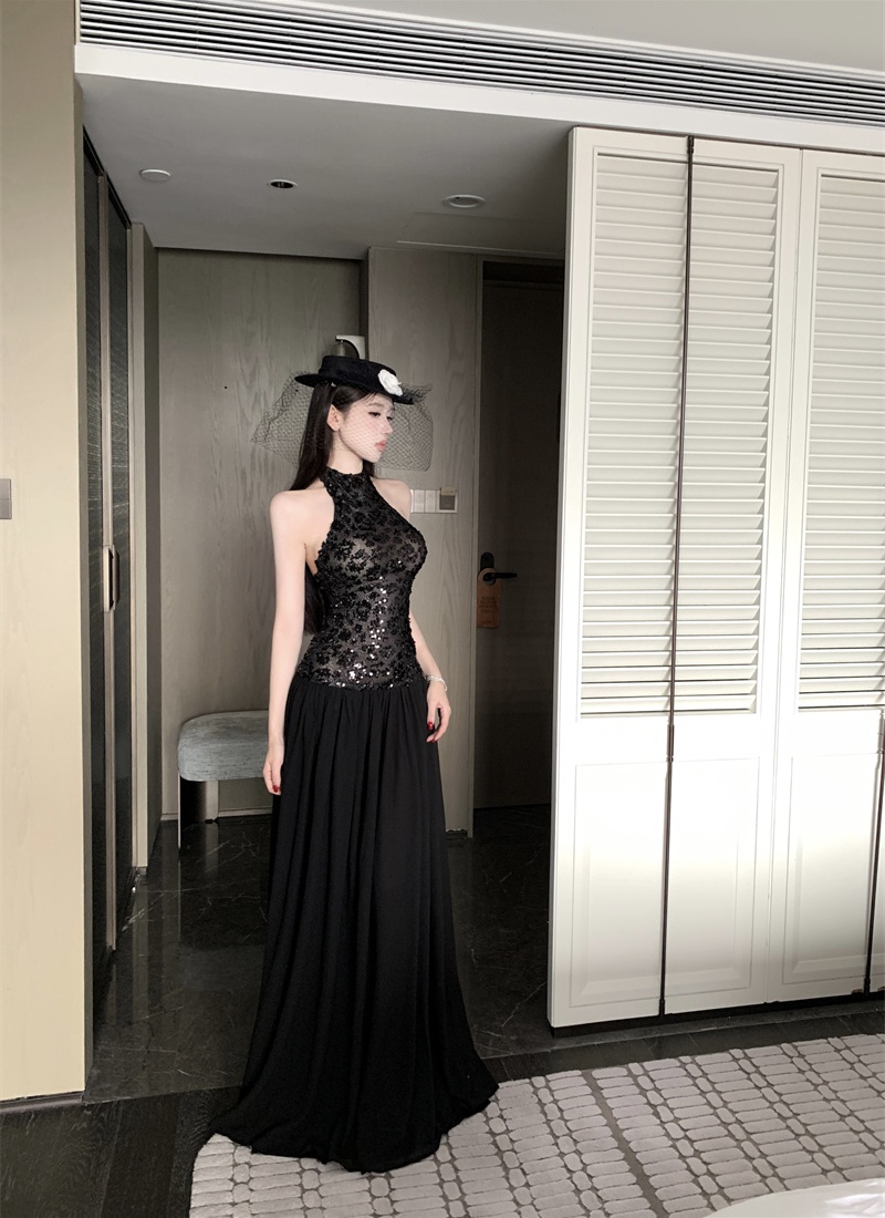 Halter sleeveless sequins dress autumn black formal dress