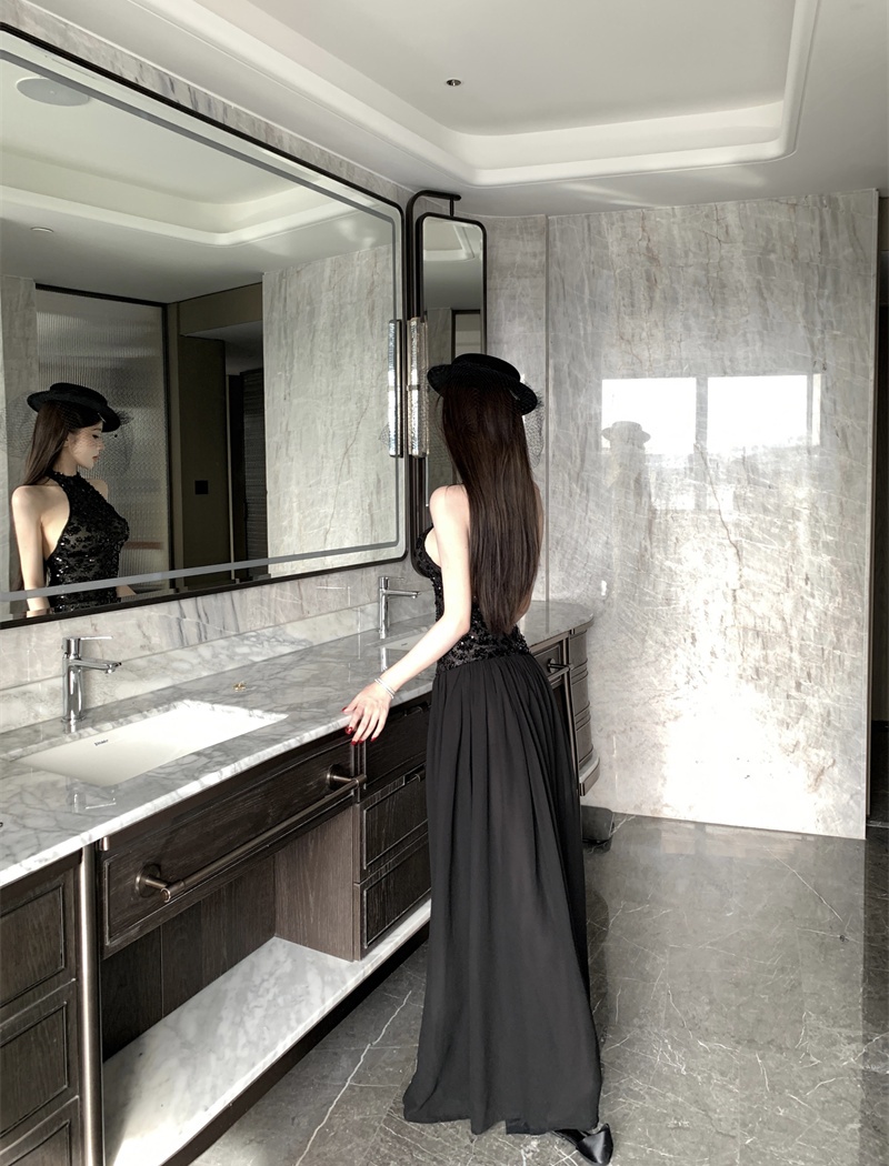 Halter sleeveless sequins dress autumn black formal dress