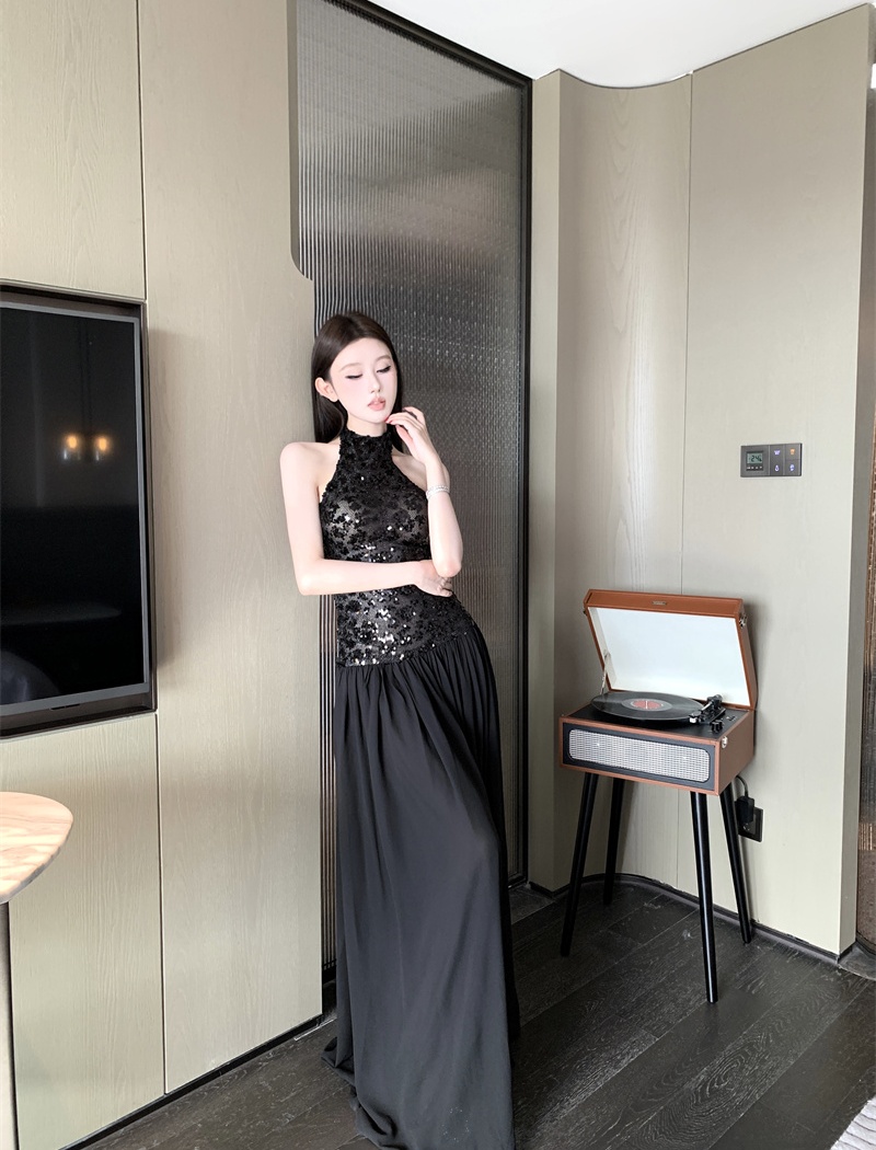 Halter sleeveless sequins dress autumn black formal dress