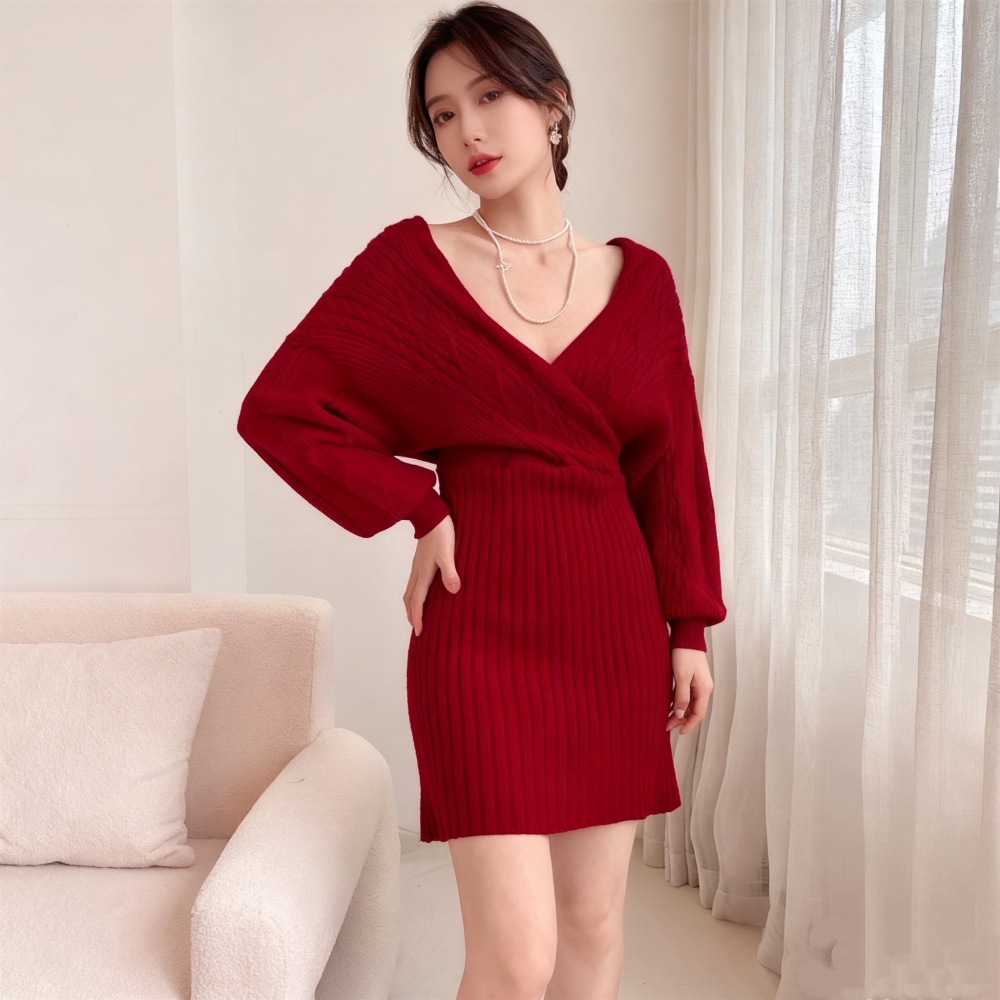 Bat sleeve winter knitted package hip strapless dress