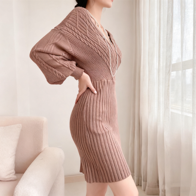 Bat sleeve winter knitted package hip strapless dress
