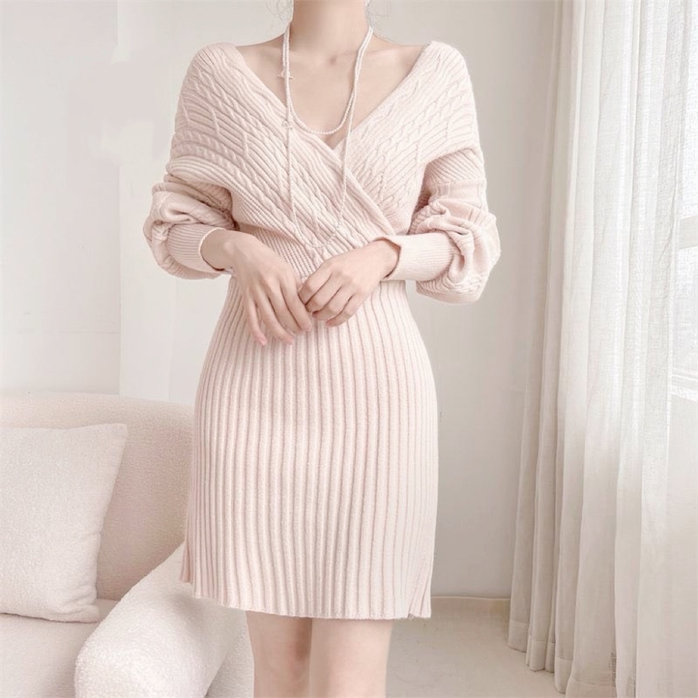 Bat sleeve winter knitted package hip strapless dress
