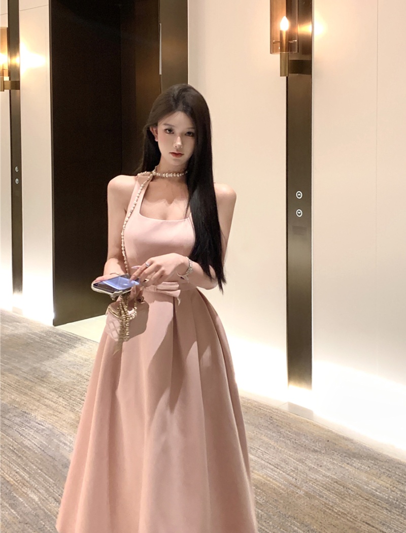 Bow retro sexy long dress slim sling vest for women