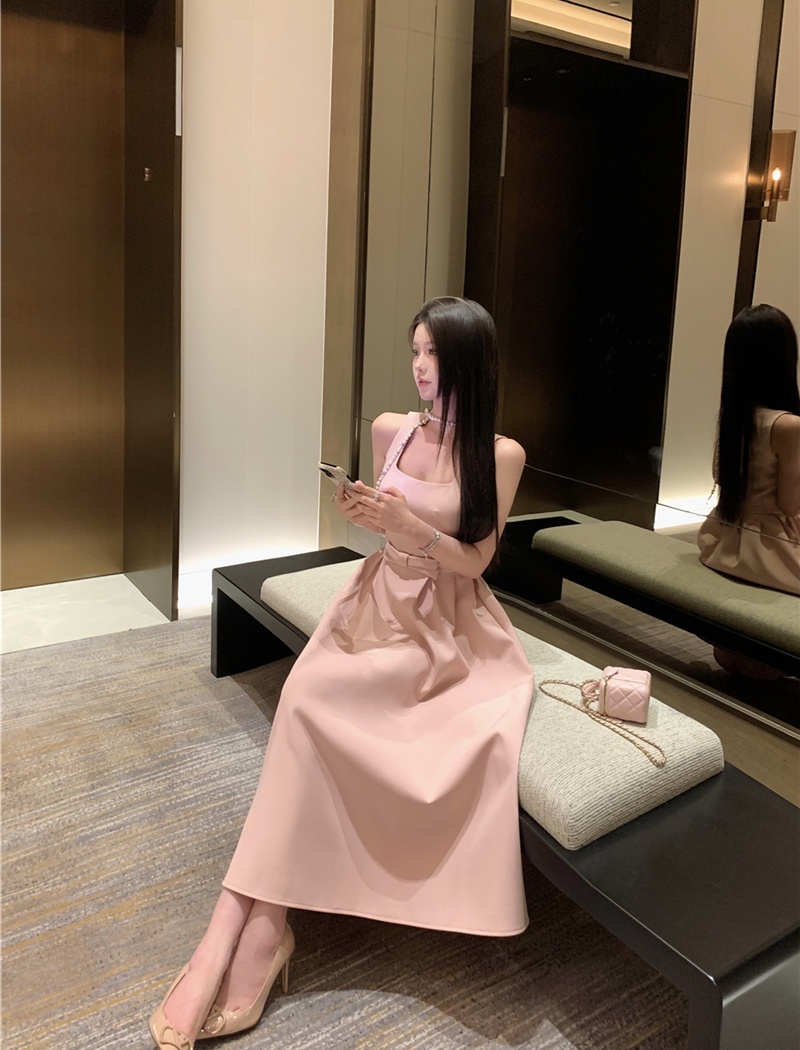 Bow retro sexy long dress slim sling vest for women