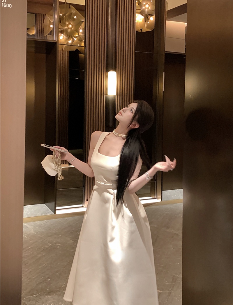 Bow retro sexy long dress slim sling vest for women