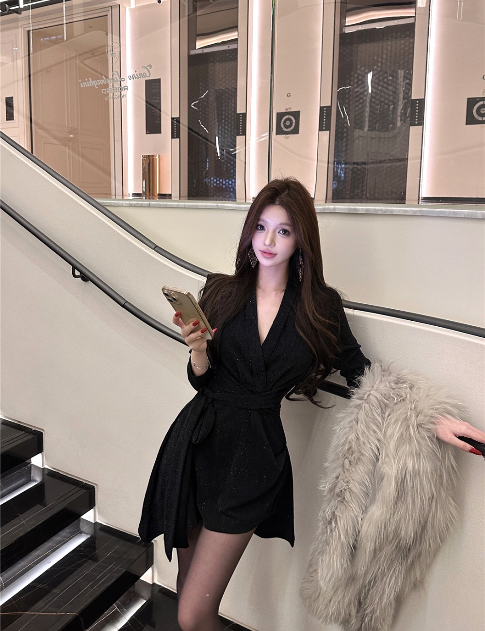 Slim high slit pinched waist glitter dress for women