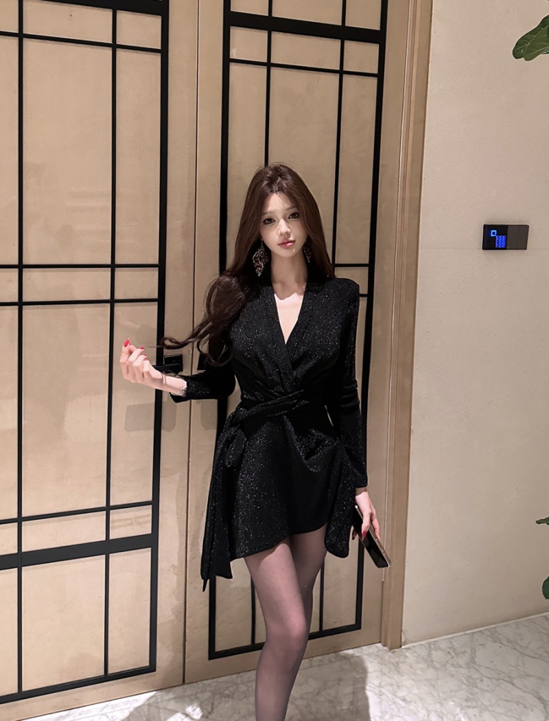Slim high slit pinched waist glitter dress for women