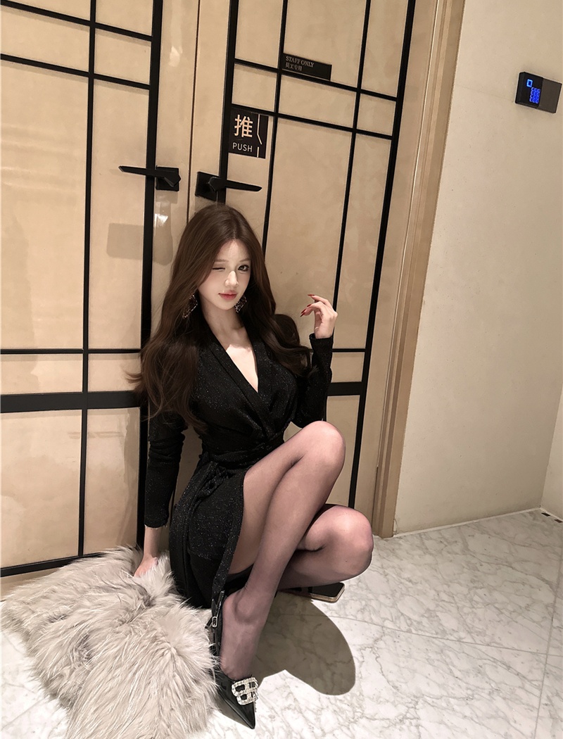 Slim high slit pinched waist glitter dress for women