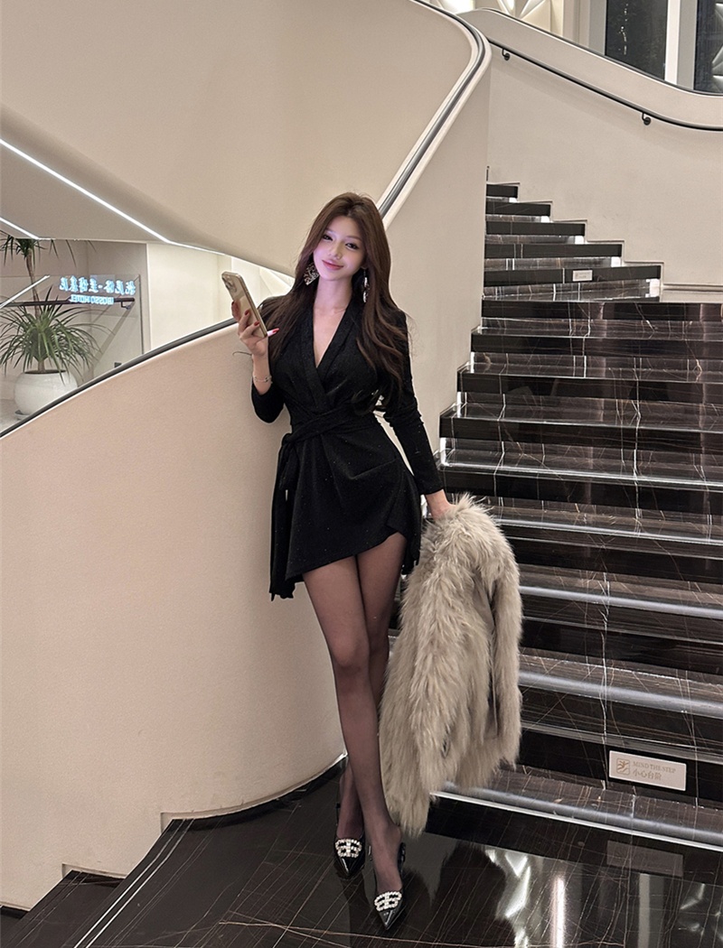 Slim high slit pinched waist glitter dress for women