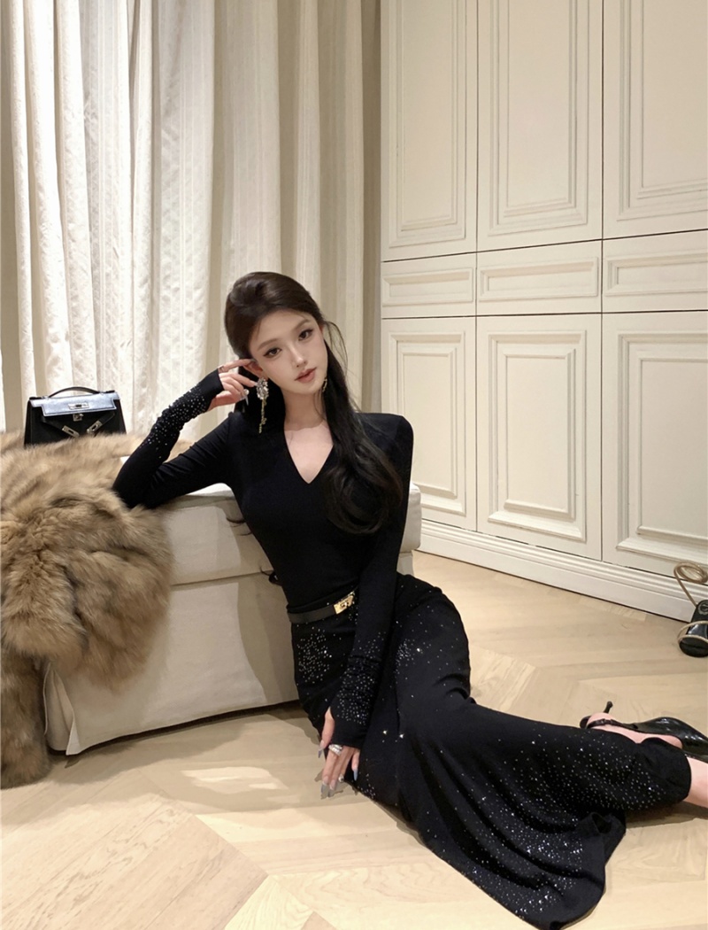 Retro T-shirt V-neck skirt 2pcs set for women