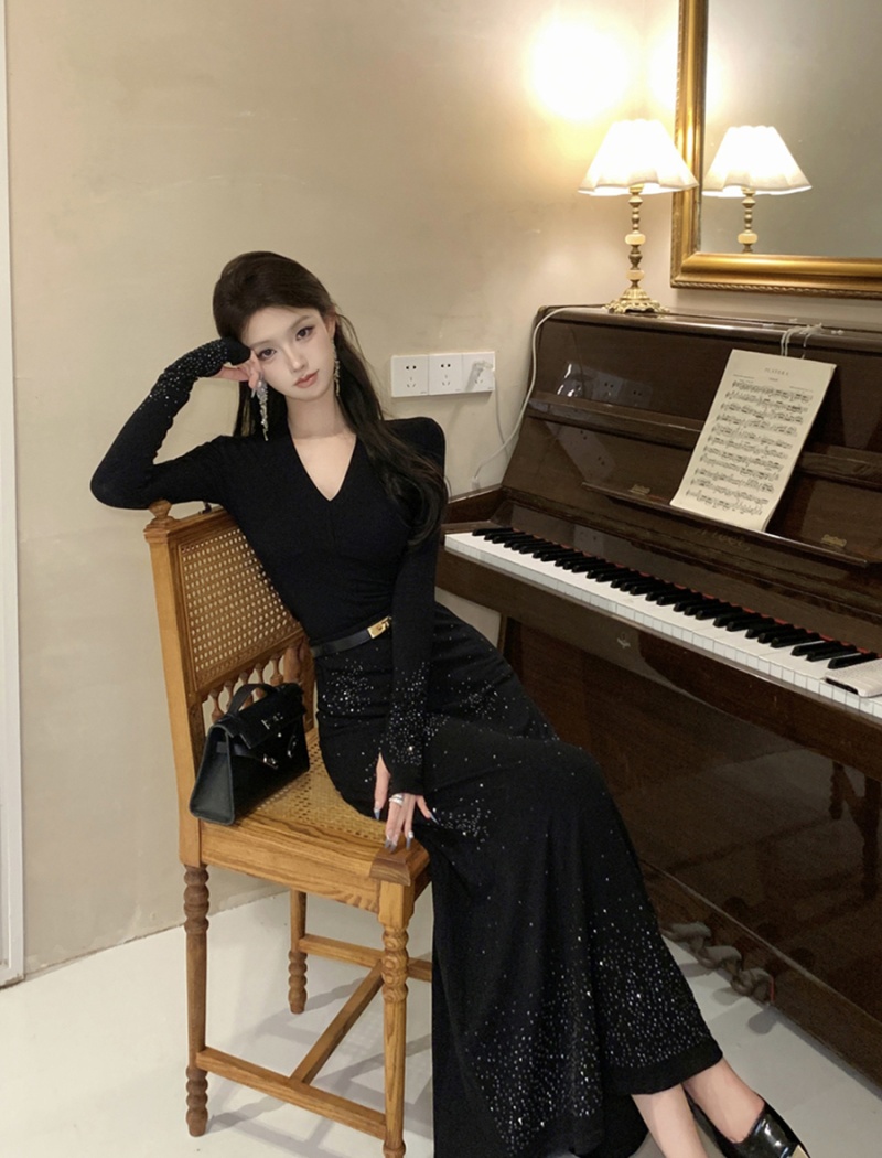 Retro T-shirt V-neck skirt 2pcs set for women