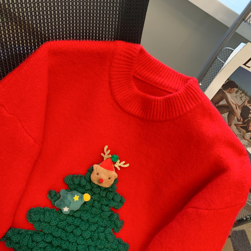 Christmas pullover bottoming shirt red sweater for women