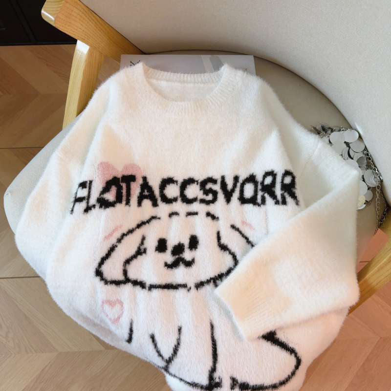 Imitation of mink hair white round neck sweater