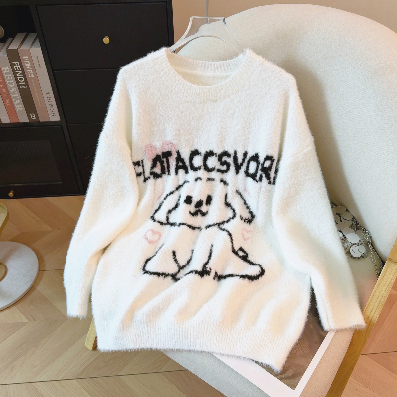 Imitation of mink hair white round neck sweater