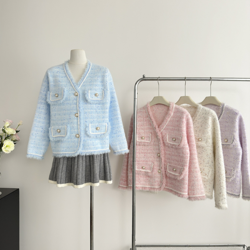 Chanelstyle tops mink velvet cardigan for women