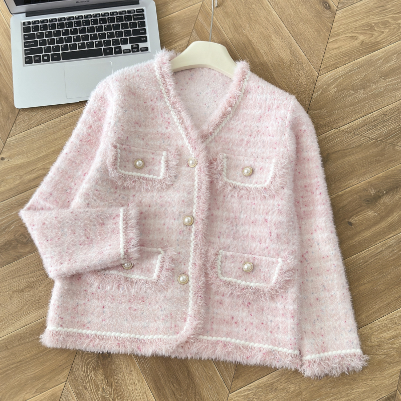 Chanelstyle tops mink velvet cardigan for women