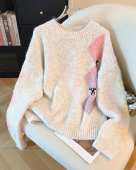 Beading lazy quilted tops bow mixed colors sweater for women