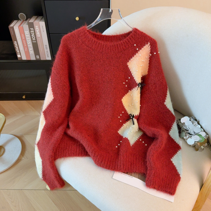 Beading lazy quilted tops bow mixed colors sweater for women