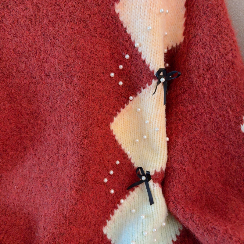 Beading lazy quilted tops bow mixed colors sweater for women