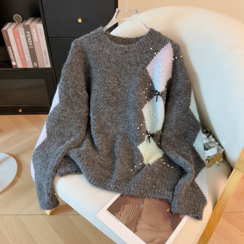 Beading lazy quilted tops bow mixed colors sweater for women