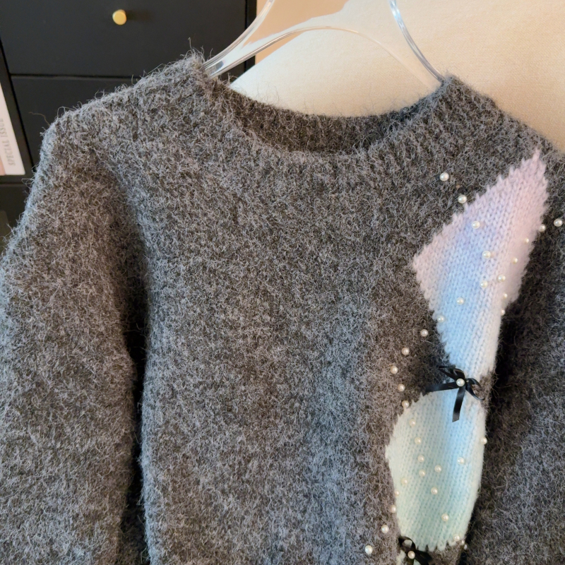 Beading lazy quilted tops bow mixed colors sweater for women