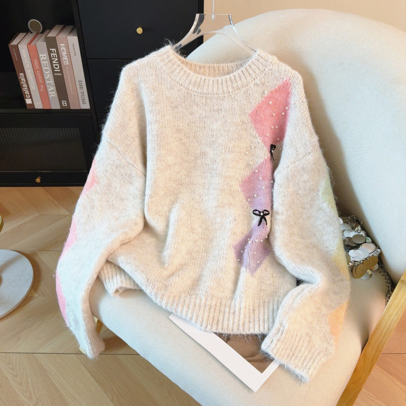 Beading lazy quilted tops bow mixed colors sweater for women