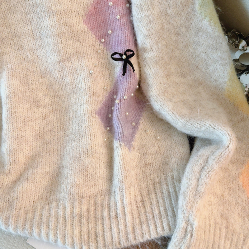 Beading lazy quilted tops bow mixed colors sweater for women