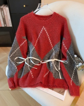 Plaid autumn pullover loose bow sweater for women