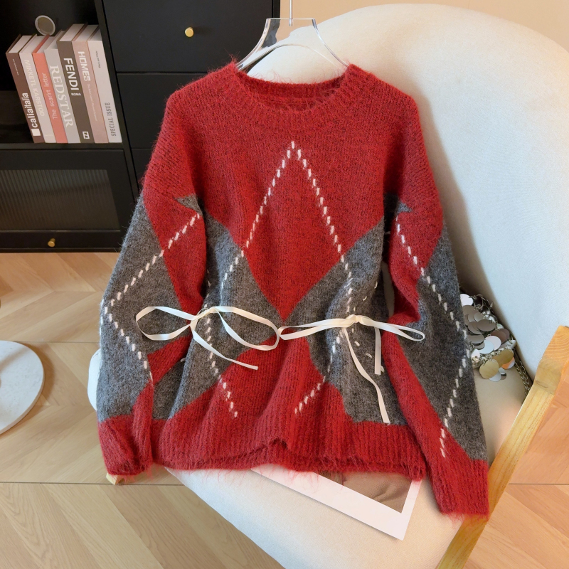 Plaid autumn pullover loose bow sweater for women