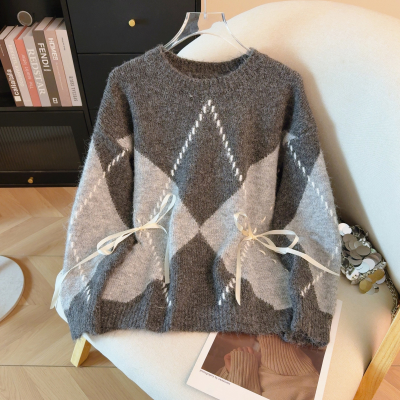 Plaid autumn pullover loose bow sweater for women