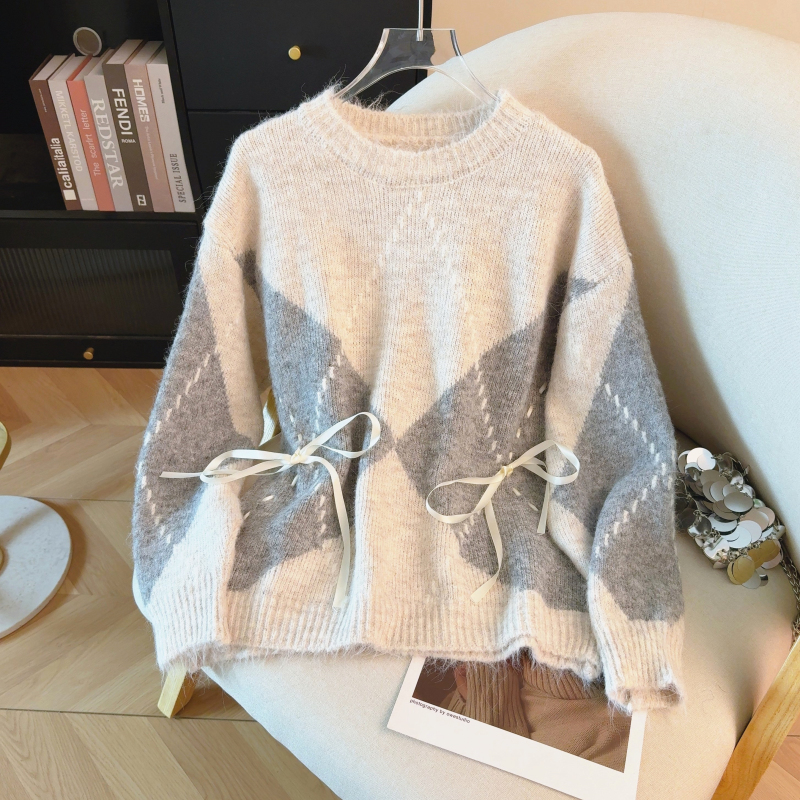 Plaid autumn pullover loose bow sweater for women