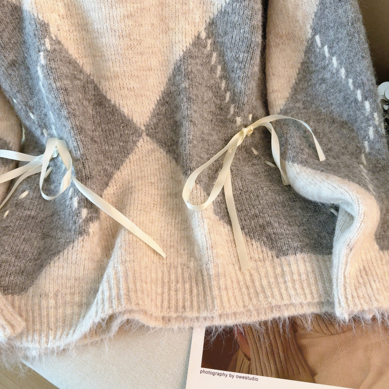 Plaid autumn pullover loose bow sweater for women