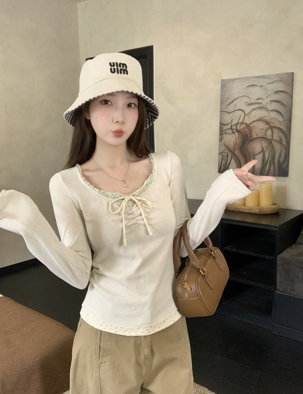 Korean style Pseudo-two bandage floral splice tops