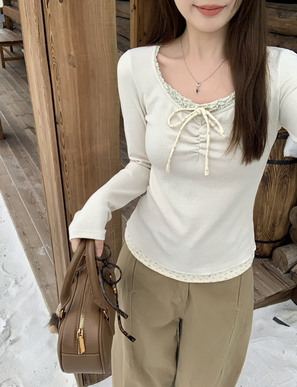 Korean style Pseudo-two bandage floral splice tops