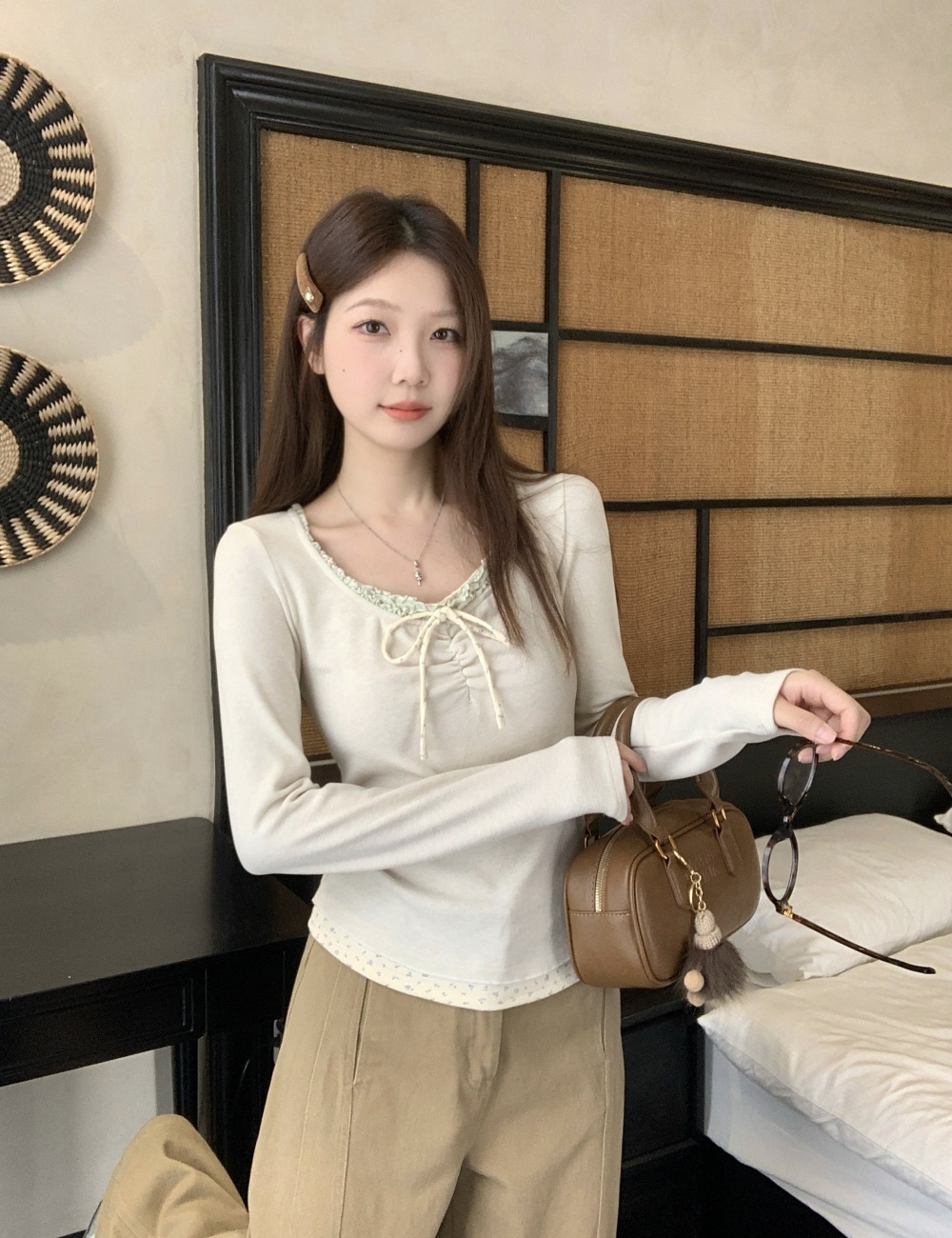 Korean style Pseudo-two bandage floral splice tops