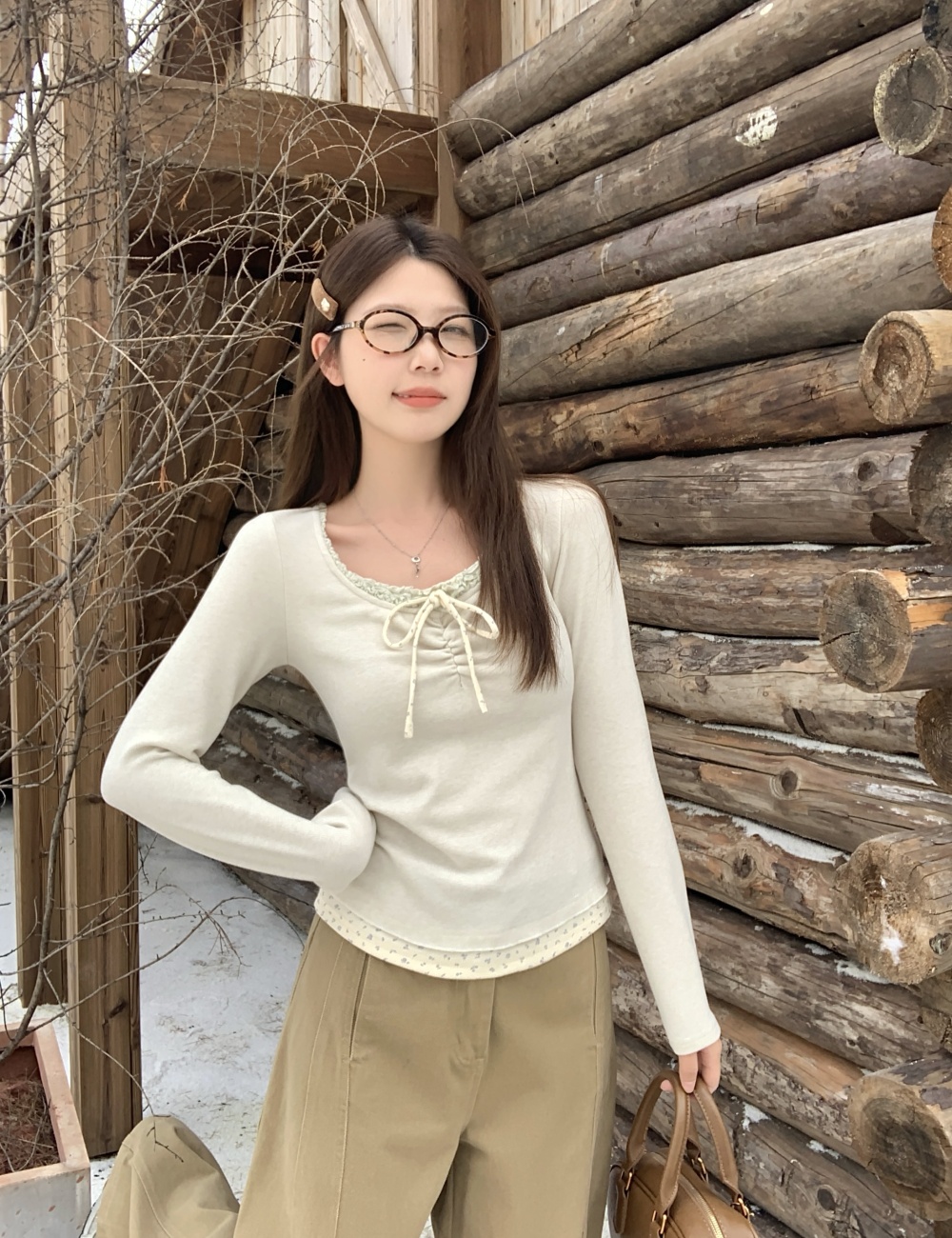 Korean style Pseudo-two bandage floral splice tops