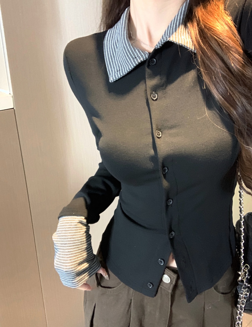 Long sleeve stripe mixed colors slim bottoming shirt