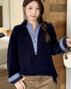 Splice stripe shirt all-match Pseudo-two tops